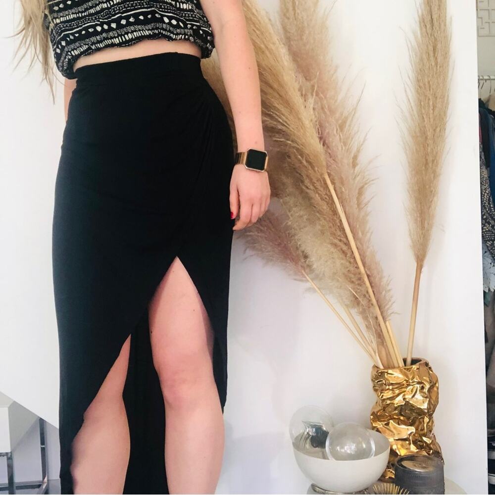 UO STARING AT STARS Black Column High Mid Rise Waisted Side Slit Maxi Skirt S